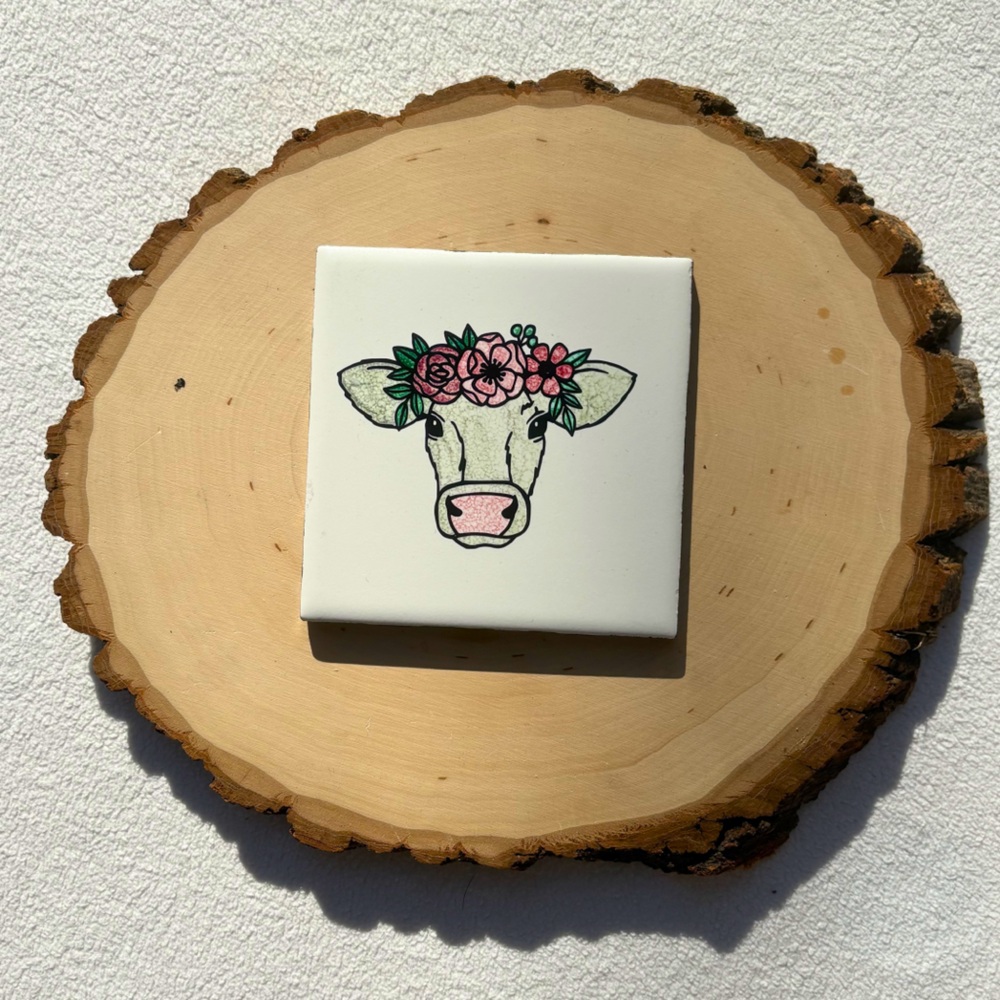 Gray Cow with Floral Headband Ceramic Tile Decor - Farmhouse